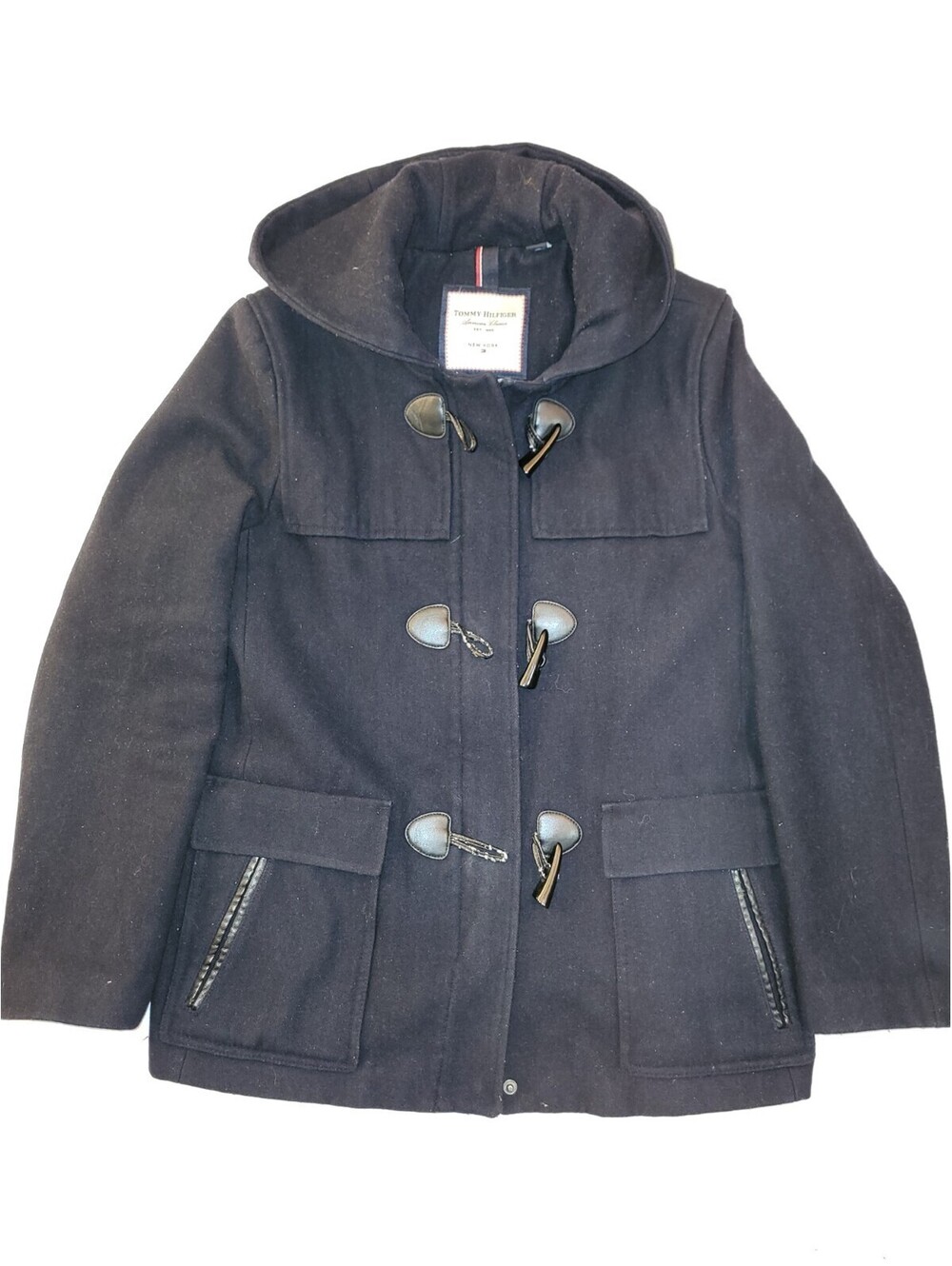 Tommy Hilfiger Hooded Wool Coat Womens Large Black Winter Jacket